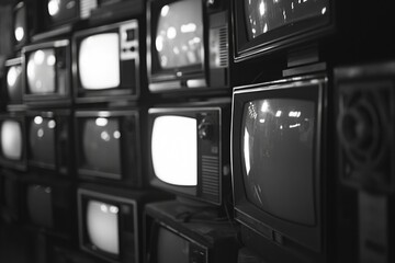 A black and white photo depicting a wall covered with multiple televisions. This image can be used...