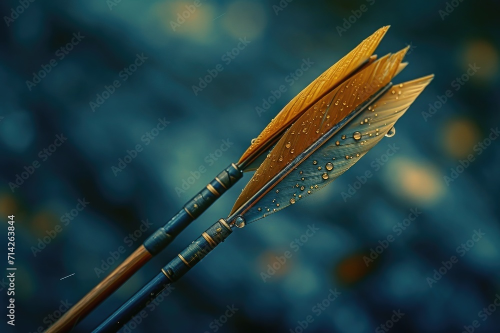 Poster water droplets glisten on a pair of arrows. perfect for illustrating precision, accuracy, or a focus
