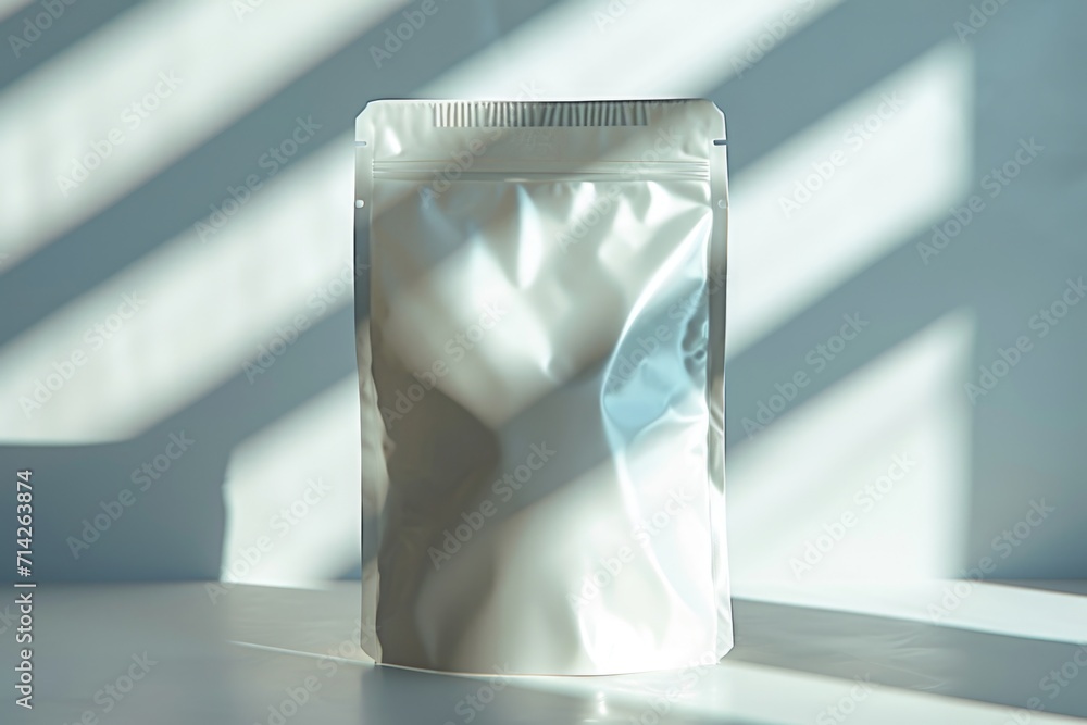 Poster a bag of milk sitting on top of a table. suitable for food and beverage-related projects