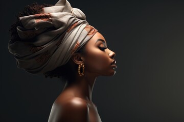 Afro American woman in turban holds hand  isolated.