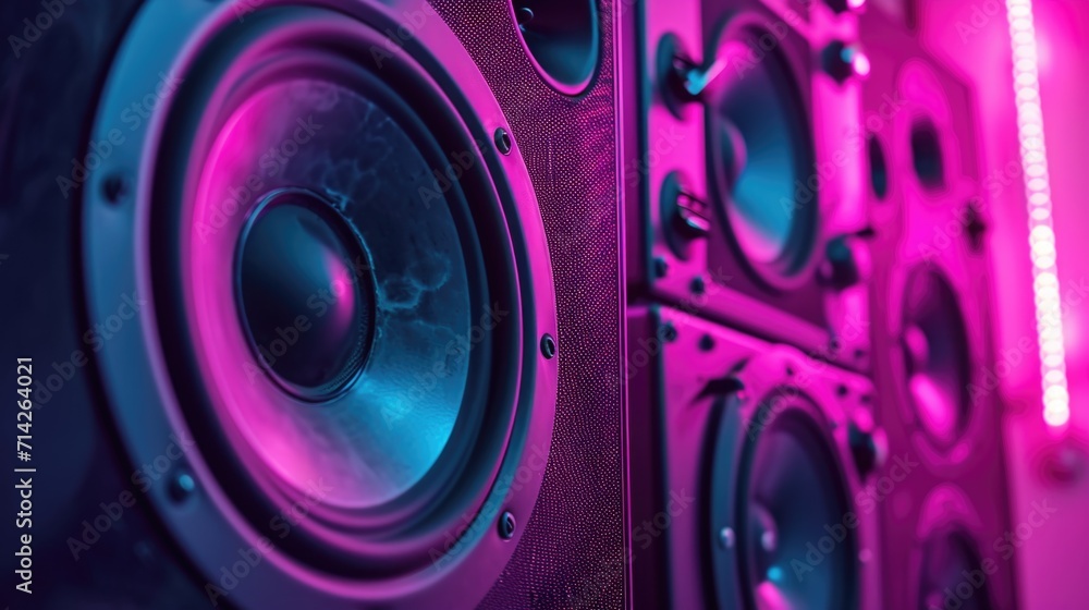 Poster Close up view of a pair of speakers mounted on a wall. Perfect for adding audio to any space