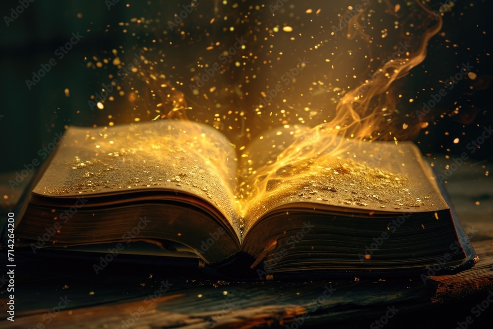 Poster an open book on a wooden table with gold dust emanating from its pages. perfect for illustrating the