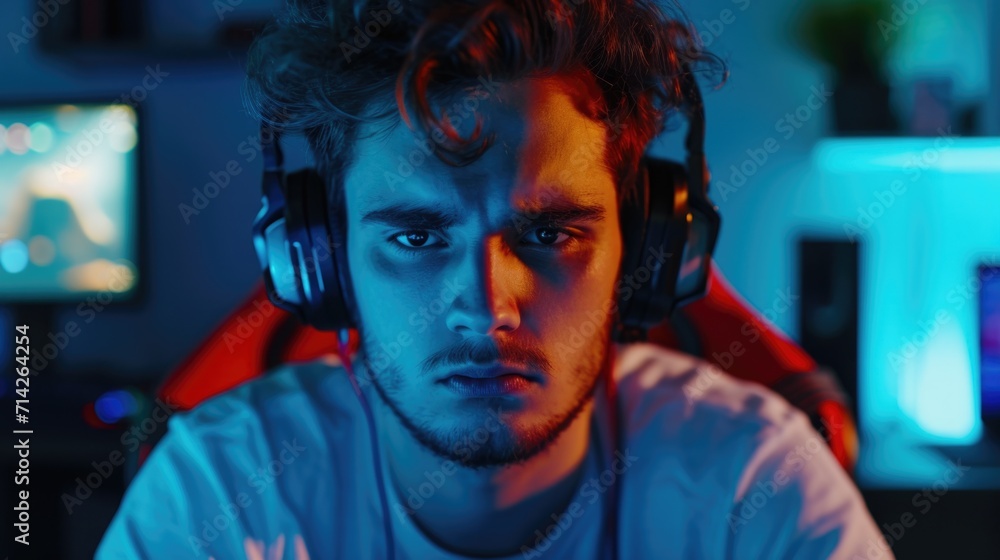 Poster a man wearing headphones sits in front of a computer, focused on his work. this image can be used to