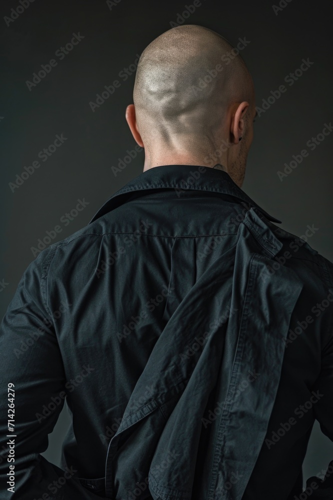 Poster a picture of a man with a bald head wearing a black jacket. suitable for various contexts