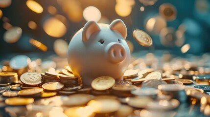 A piggy bank sitting on top of a pile of coins. Perfect for financial planning and saving concepts - obrazy, fototapety, plakaty