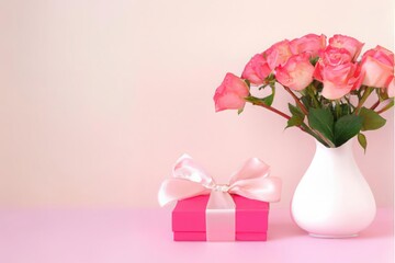 Beautiful bouquet flowers on pink background for Valentine's Day