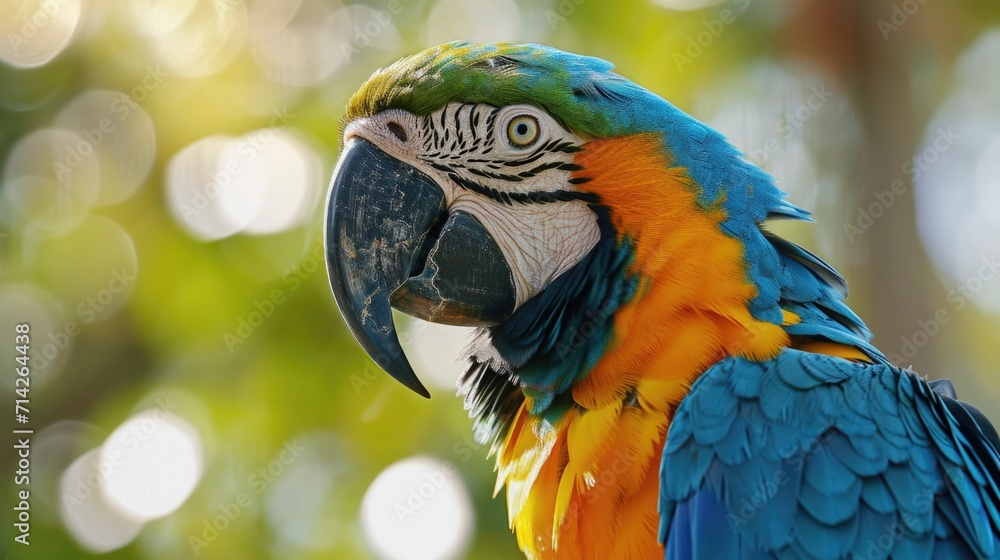 Poster a colorful parrot with blue and yellow feathers perched on top of a tree. perfect for nature-themed 