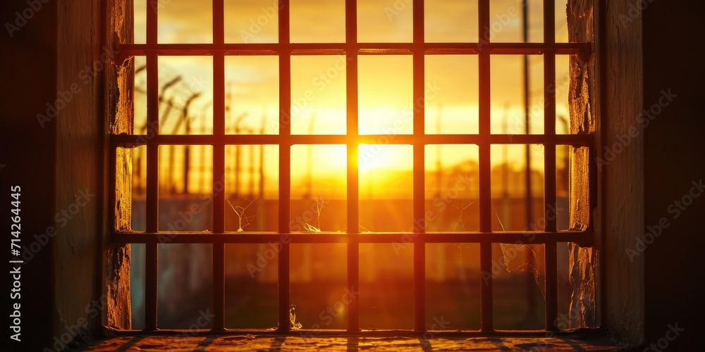 Poster sun setting through a barred window. ideal for depicting confinement, hope, and the passage of time.