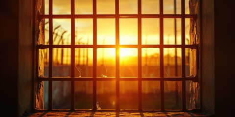 Sun setting through a barred window. Ideal for depicting confinement, hope, and the passage of time.