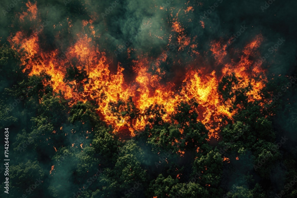 Poster a devastating forest fire captured from an aerial perspective. perfect for illustrating the destruct