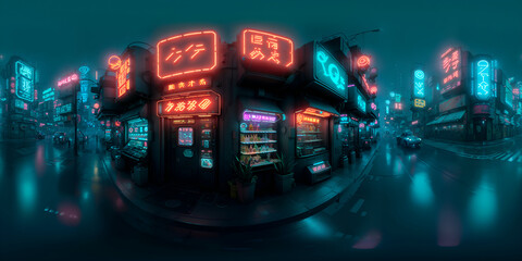 Full 360 degrees seamless spherical panorama HDRI equirectangular projection of Cyberpunk Night City Tron Future. Texture environment map for lighting and reflection source rendering 3d scenes.