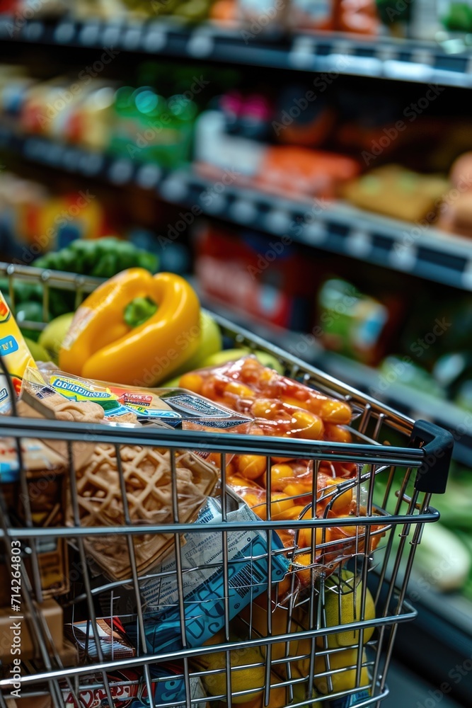 Poster a shopping cart filled with groceries in a grocery store. perfect for illustrating a grocery shoppin