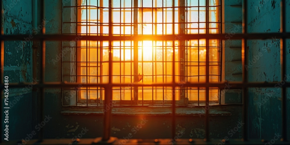 Poster A beautiful sunset shining through a window with bars. Perfect for adding a touch of warmth and tranquility to any project
