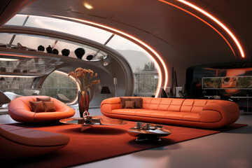 Sofa set and decoration modern futuristic living room interior design auburn colors - obrazy, fototapety, plakaty