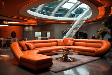 Sofa set and decoration modern futuristic living room interior design auburn colors - obrazy, fototapety, plakaty
