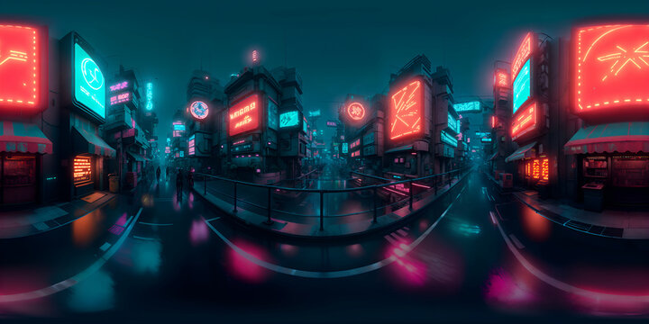 Full 360 degrees seamless spherical panorama HDRI equirectangular projection of Cyberpunk Night City Tron Future. Texture environment map for lighting and reflection source rendering 3d scenes.