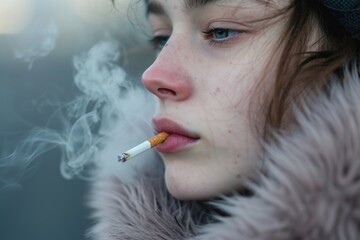 Fototapeta premium A woman with a cigarette in her mouth. Suitable for lifestyle and addiction-related content