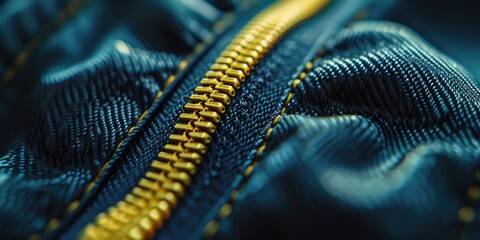 Close-up view of a zipper on a blue jacket. Versatile and practical for fashion, outdoor, or casual wear - obrazy, fototapety, plakaty