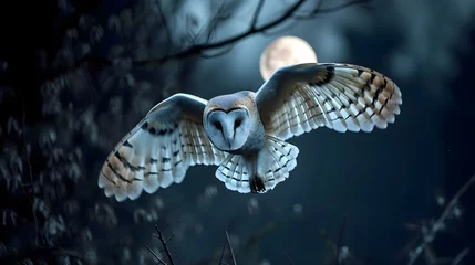 Tuinposter an owl flying in the night with a full moon in the background © KWY
