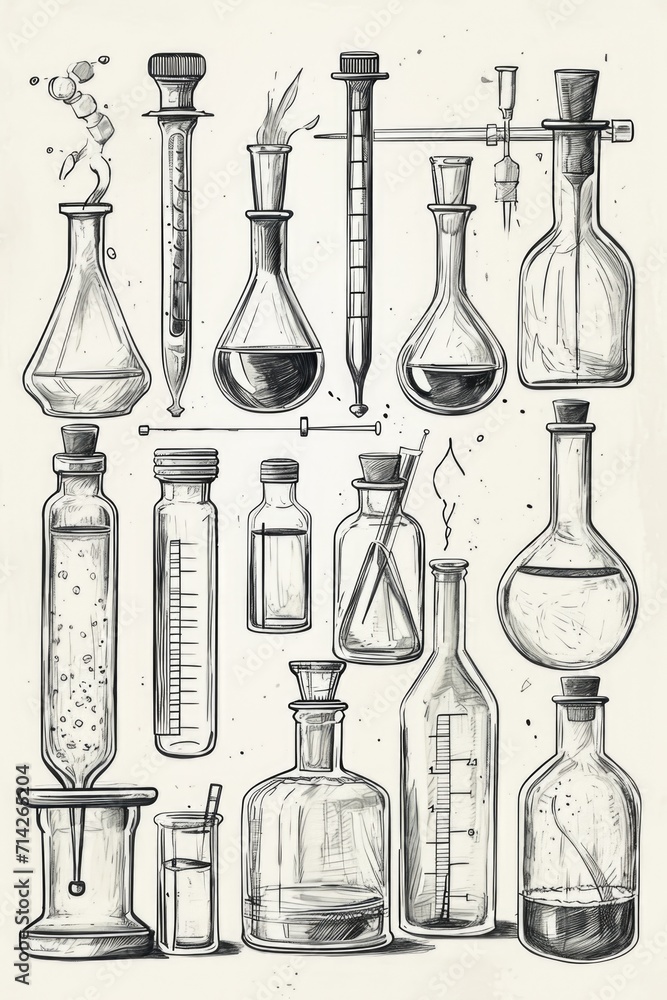 Poster A drawing depicting a collection of bottles and beaks. Can be used for various purposes