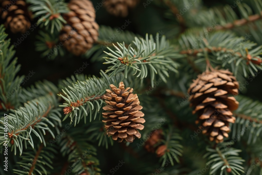 Poster a detailed view of pine cones on a tree. perfect for nature enthusiasts and holiday-themed projects