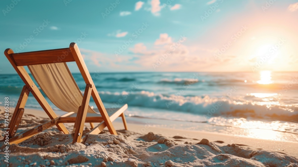 Canvas Prints A beach chair sitting on top of a sandy beach. Perfect for beach vacations and relaxation