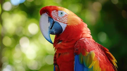 Fototapeten A vibrant parrot perched on a tree branch. Ideal for nature-themed designs and tropical concepts © Fotograf