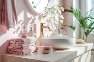 Bathroom with pastel pink walls and stack of towels. Spring concept. Generative AI