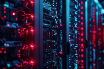 A row of servers with red and blue lights. Ideal for technology-related designs and concepts
