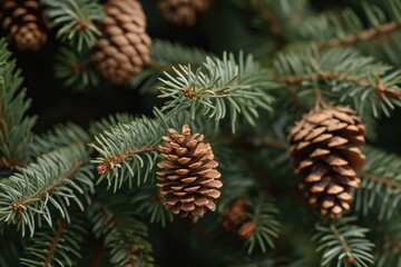 A detailed view of pine cones on a tree. Perfect for nature enthusiasts and holiday-themed projects