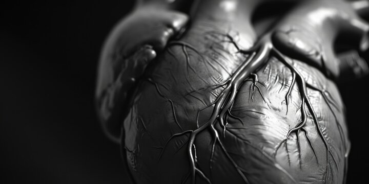 A black and white photo of a human heart. This image can be used in medical presentations or educational materials
