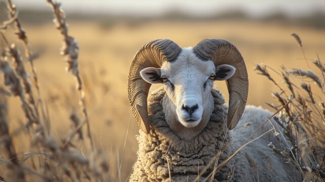 A ram standing in a field of tall grass. This picture can be used to represent nature, agriculture, or farm animals
