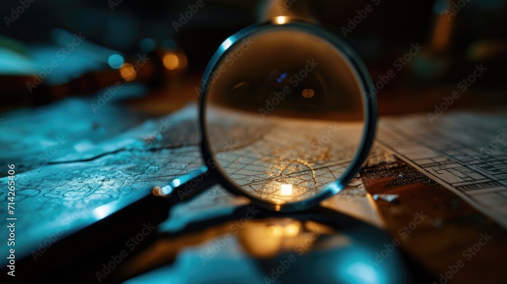 Poster A detailed close-up image of a magnifying glass placed on a table. This image can be used to represent concepts such as investigation, research, analysis, or examination.