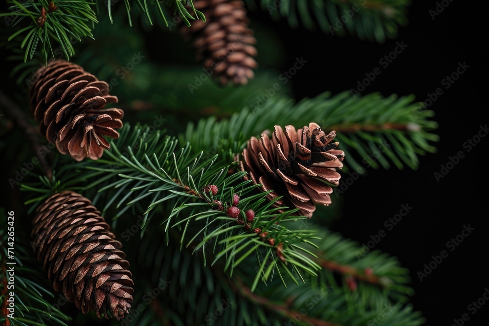Poster pine cones close-up on a tree branch. perfect for nature-themed designs and holiday projects