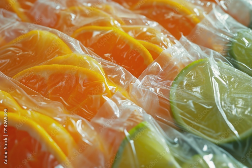 Poster Fresh and vibrant oranges and limes, neatly wrapped in plastic. Perfect for adding a pop of color to any recipe or refreshing beverage.