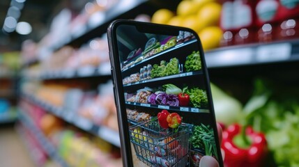 A person capturing a photo of fresh vegetables in a grocery store. Perfect for illustrating healthy eating, food shopping, and culinary concepts - obrazy, fototapety, plakaty