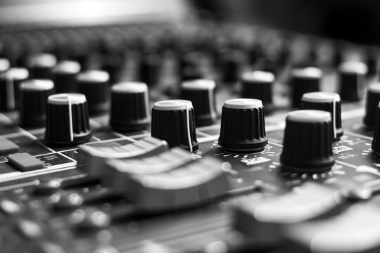 A detailed view of the knobs on a mixing board. This image can be used to represent audio engineering, music production, or sound mixing.