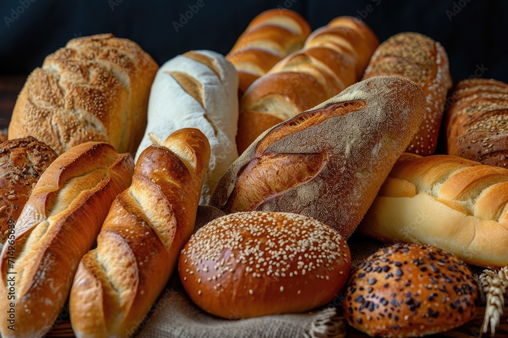 Poster a collection of various breads and rolls displayed on a table. perfect for bakery themes or food-rel