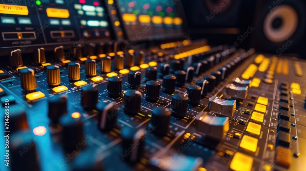 Poster a detailed close-up view of a sound board in a recording studio. this image can be used to depict mu