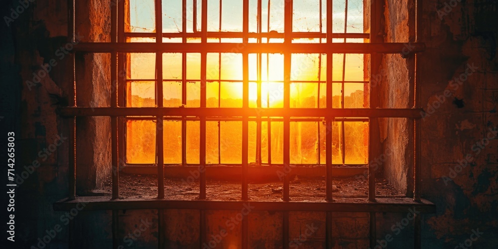 Poster sun setting through a window with bars. can be used to depict freedom, confinement, or the passage o