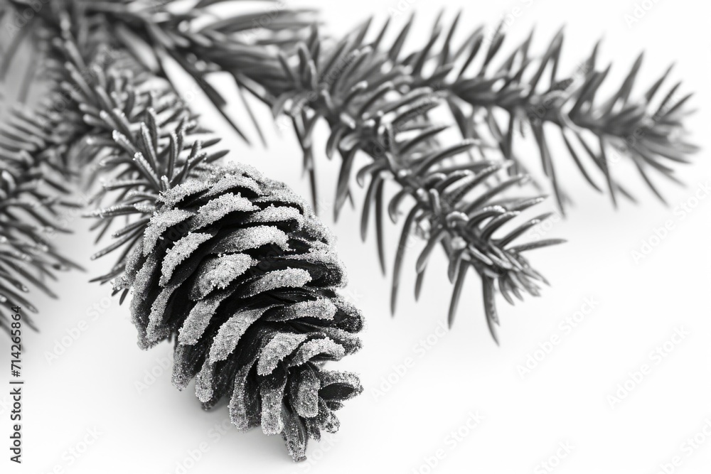 Poster a detailed view of a pine cone on a branch. suitable for nature-themed designs and illustrations
