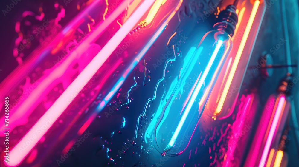 Poster neon lights glowing brightly on a wall. perfect for adding a vibrant and energetic touch to any desi