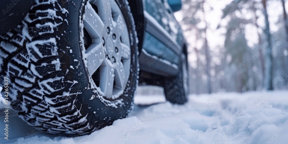 Poster a detailed close-up of a tire covered in snow. perfect for winter-themed designs and advertisements