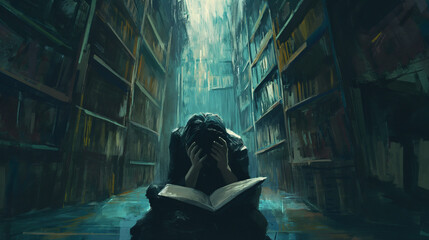 Exam stressed sad boy at library generative ai - obrazy, fototapety, plakaty