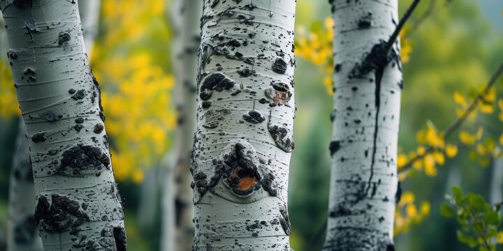 White birch trees with yellow leaves in the background. Perfect for nature and autumn-themed designs
