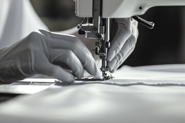 A person operating a sewing machine. Suitable for fashion design, garment production, and DIY projects - Powered by Adobe