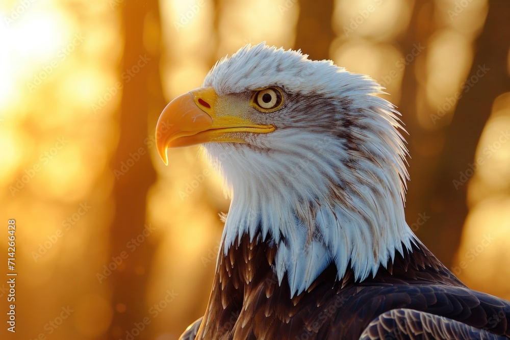 Poster a close-up photograph of a bird of prey with trees in the background. perfect for nature enthusiasts
