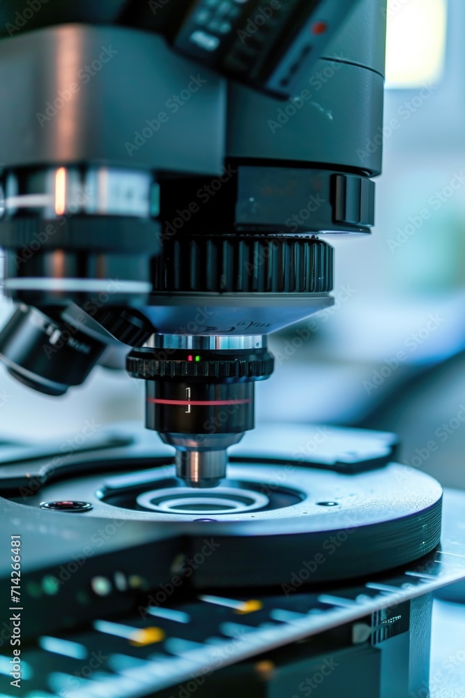 Poster Close-up view of a microscope positioned on a table. Suitable for scientific research and laboratory concepts