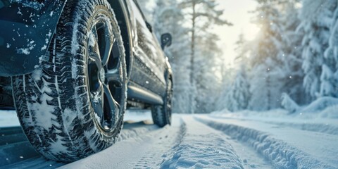 A car is pictured driving on a snowy road. This image can be used to depict winter driving conditions