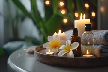 A tray with candles and towels arranged on a table. Suitable for spa and relaxation-themed designs